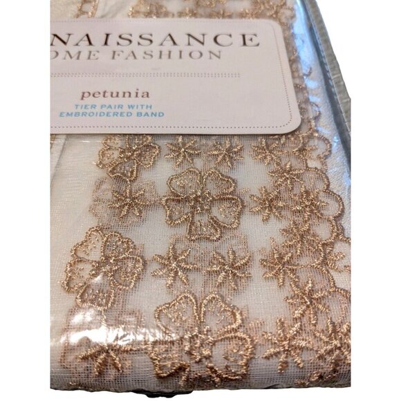 Renaissance Petunia Kitchen Curtain Tier Pair Embroidered Band Beige 56in x 24in - Picture 7 of 7